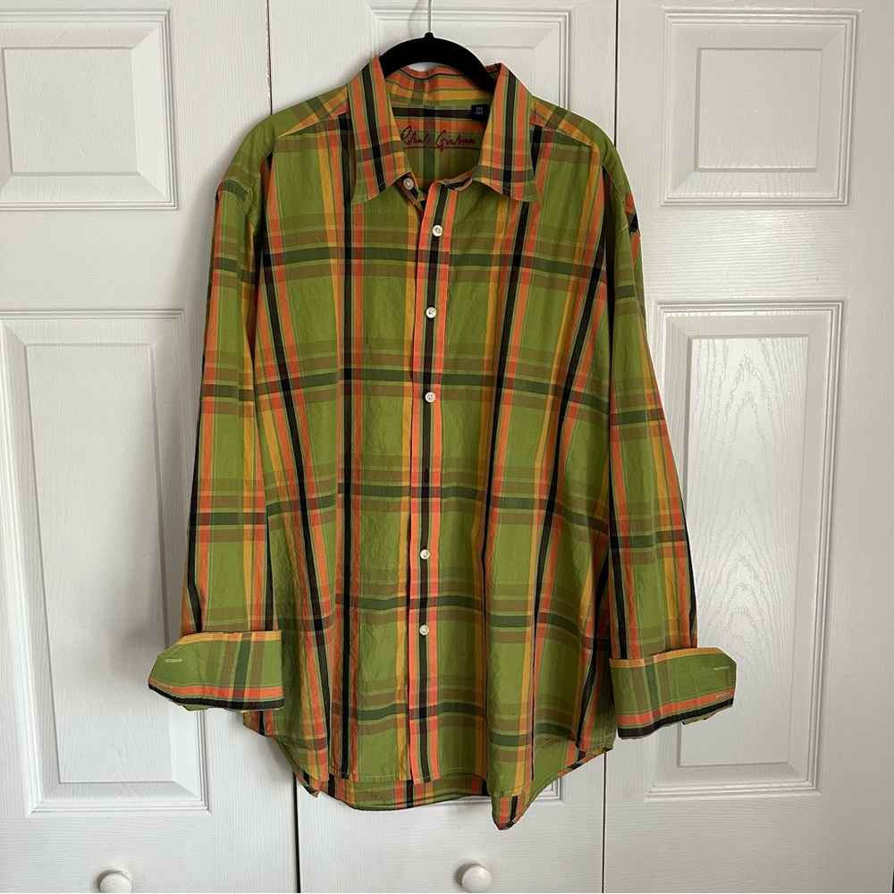 Robert Graham Shirt Mens 2XL Green Plaid Button Up Long Sleeve Casual Checkered